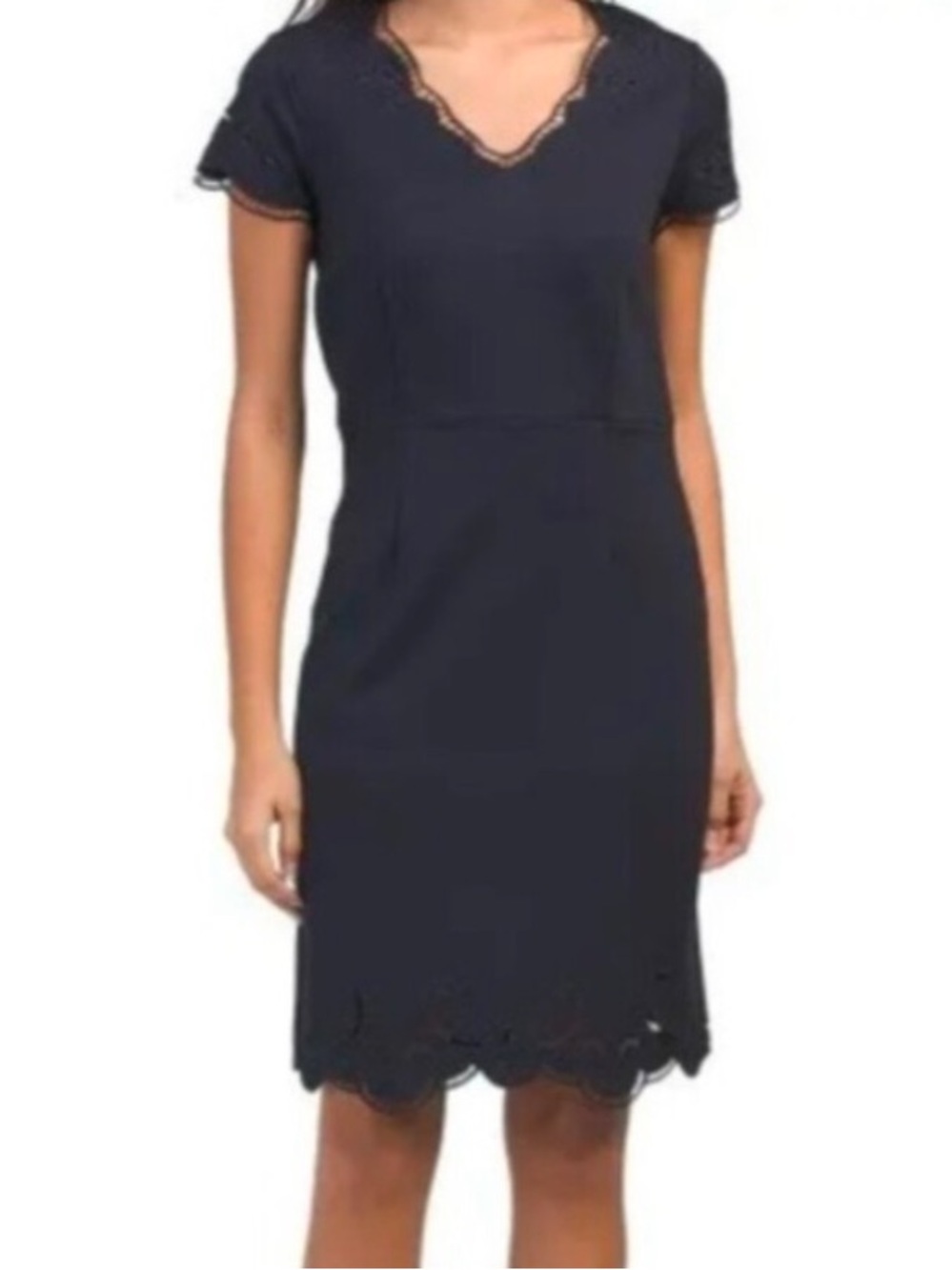 T Tahari Navy Short Sleeve Scalloped Embroidered Hem Sheath Dress 💙💙